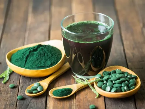 Spiruline en poudre, comprimés et boisson verte sur fond de bois. Découvrez les bienfaits spiruline cheveux pour une chevelure éclatante.