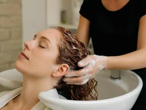 Une femme se fait laver les cheveux, une sensation de douceur pour contrer les cheveux électriques en hiver.