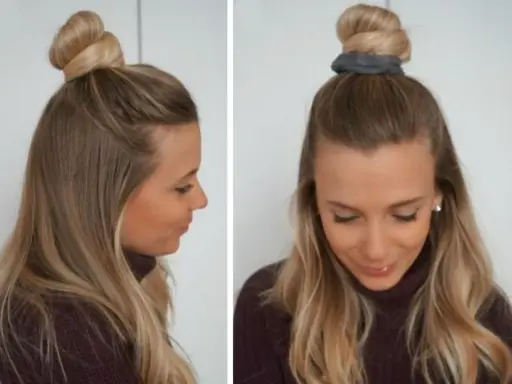 Coiffure simple et rapide cheveux mi long : un chignon haut sur le dessus de la tête, avec le reste des cheveux lâchés.