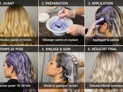 Étapes pour une patine parfaite : avant, préparation, application, temps de pose, rinçage et résultat final. Obtenez des cheveux blonds lumineux.