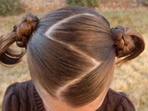 Cheveux bruns tressés en deux couettes rondes, séparés par une raie zig zag.