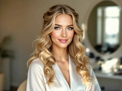 Une femme aux cheveux blonds ondulés, coiffés en boucle anglaise, porte une robe de chambre en satin blanc. Son regard est captivant.