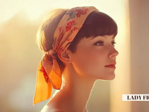 Coiffure hippie femme cheveux court, ornée d'un foulard fleuri. Lumière douce et dorée.