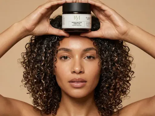 Une femme aux cheveux bouclés tient un pot de masque perfecteur de boucles au beurre de karité au-dessus de sa tête.