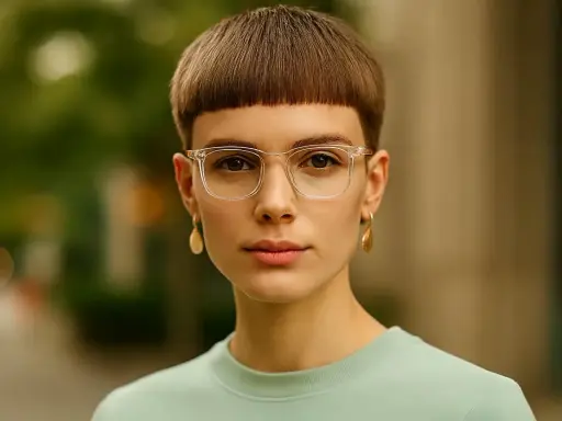 Une jeune femme au regard intense porte une coupe au bol cheveux bouclés, des lunettes transparentes et des boucles d'oreilles dorées.