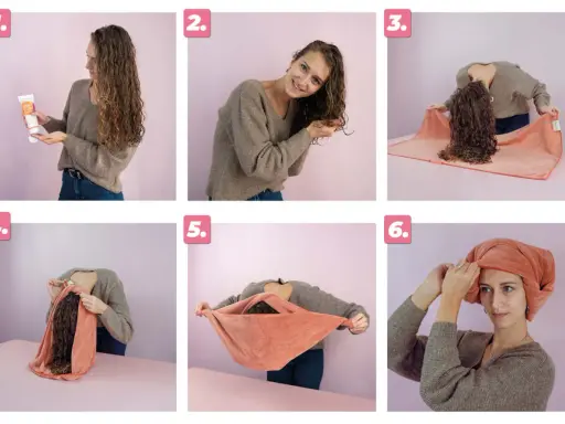 Étapes pour un séchage parfait des cheveux bouclés : application de produit, scrunching, puis pliage de la serviette pour un séchage doux.