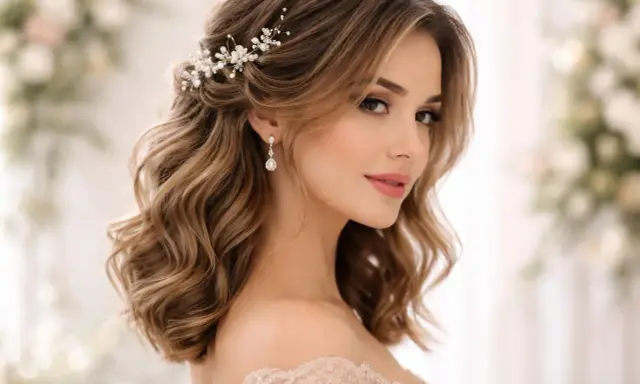 Une jeune femme aux cheveux mi-longs ondulés arbore une coiffure bohème ornée d'une délicate parure de perles et de cristaux.