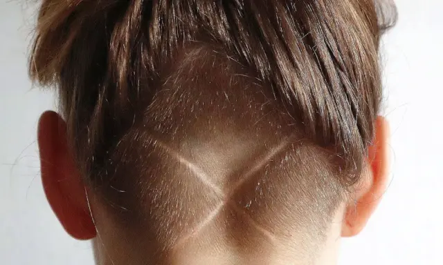 Vue arrière de la tête d'une personne avec des cheveux bruns. Le bas de la nuque est rasé en forme de V, créant un effet de désépaissir cheveux.