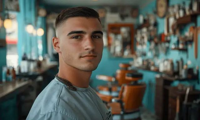 Jeune homme avec une coupe brosse homme impeccable, dans un salon de coiffure vintage.
