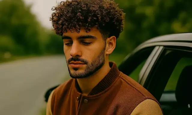 Un jeune homme aux cheveux bouclés, pensif, appuyé contre une voiture en pleine nature.