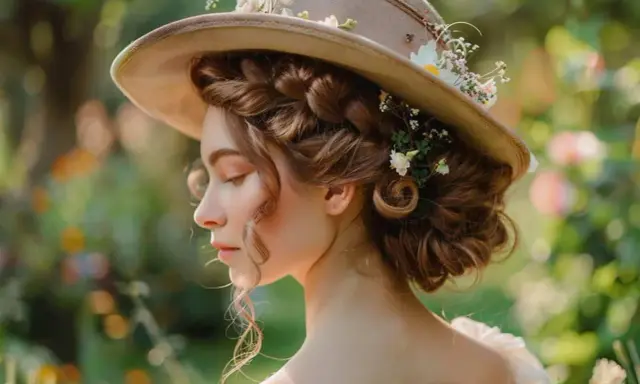 Coiffure avec chapeau de paille ornée de fleurs, une jeune femme aux boucles brunes rêveuses dans un jardin ensoleillé.