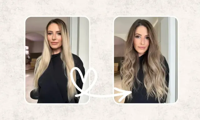 Avant/après : des cheveux blonds lisses transformés en une chevelure ondulée aux reflets subtils grâce à un balayage inversé.