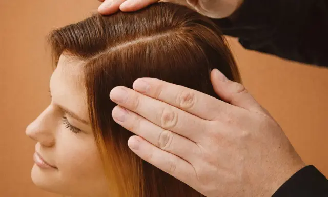 Mains caressant des cheveux châtains, séparés en deux sections. Une femme regarde vers le bas, l'air pensif, peut-être à cause de ses cheveux moches.