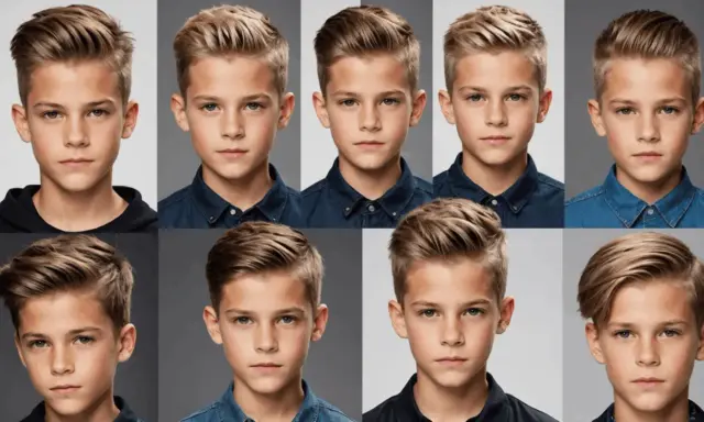Huit portraits de jeunes garçons présentant différentes versions d'une coupe bébé garçon moderne et stylée.