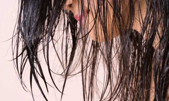 Cheveux sombres et humides tombant en cascade, révélant un aperçu d'une bouche rose et d'une peau claire.