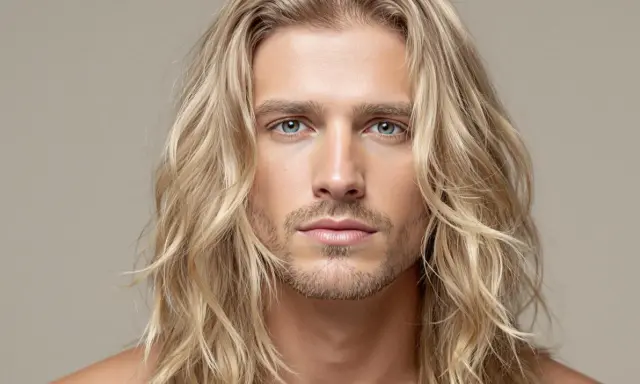 Un homme aux longs cheveux blonds ondulés, un regard intense et une barbe naissante. Sa mèche blonde encadre son visage.