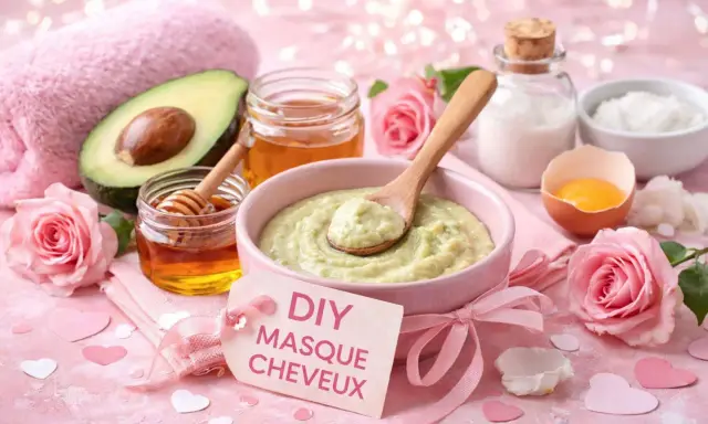 Un bol de masque cheveux avocat, miel, lait et œuf, entouré de roses roses et de cœurs.