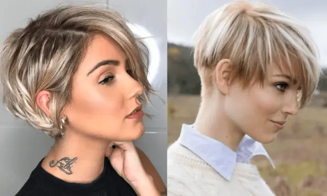 Deux femmes arborent des coupes de cheveux courts stylées, l'une avec un dégradé asymétrique, l'autre avec une pixie blonde.