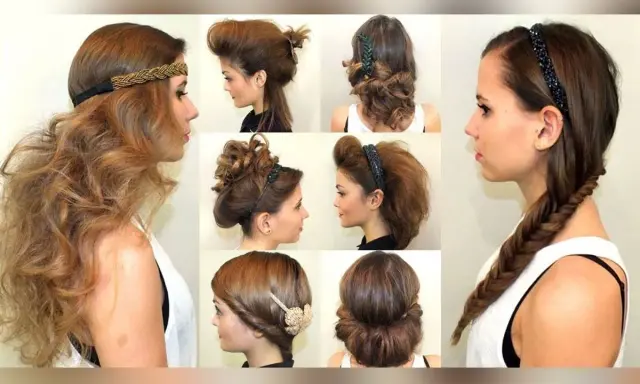 Collage de coiffures avec serre-tête : ondulations bohèmes, chignons sophistiqués, tresses élégantes.
