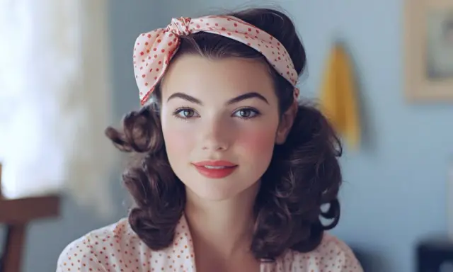 Jeune femme avec une coiffure année 40, des couettes bouclées et un foulard à pois.