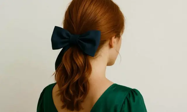 Une queue de cheval aux cheveux roux est ornée d'un grand nœud bleu marine, ajoutant une touche d'élégance à cette coiffure.