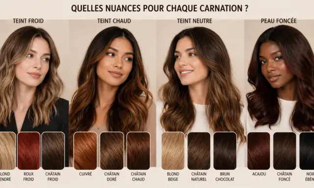 Quatre femmes aux teints variés présentent différentes couleurs de cheveux, allant du blond cendré au noir ébène, pour trouver la nuance parfaite.