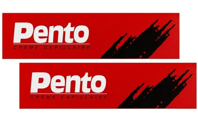 Deux logos Pento Crème Capillaire sur fond rouge. Attention, ce produit peut être dangereux pour vos cheveux.