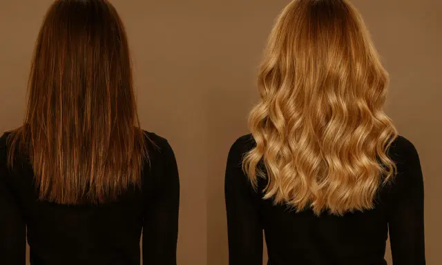 Avant/après : coloration blonde sur brune, résultat éclatant et wavy.