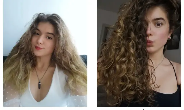 Avant/après : des cheveux raides et ondulés se transforment en boucles définies et volumineuses.