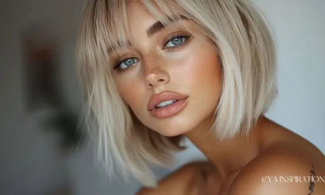 Un portrait de femme aux yeux bleus perçants, un nez parsemé de taches de rousseur et une **mèche blonde devant** encadrant son visage.