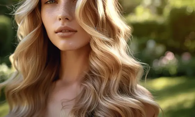 Une femme aux cheveux blonds ondulés, avec un dégradé ombré subtil, sourit doucement dans un jardin ensoleillé.