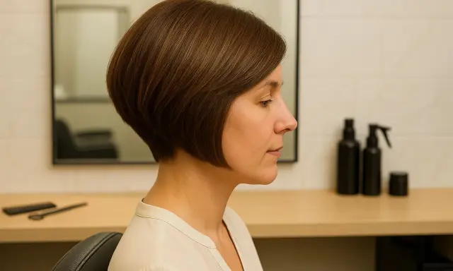 Une femme avec un carré plongeant court, idéal pour des cheveux fins, pose dans un salon de coiffure.