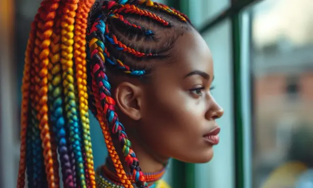 Coiffure cheveux bouclés avec tresse arc-en-ciel, une jeune femme regarde par la fenêtre.