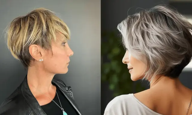 Deux femmes arborent une coupe de cheveux court effilé sauvage, l'une blonde texturisée, l'autre grisonnante et volumineuse.