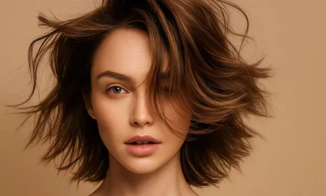 Visage de femme aux cheveux bruns volumineux, une mèche cache un œil. Une inspiration pour une routine cheveux fins.
