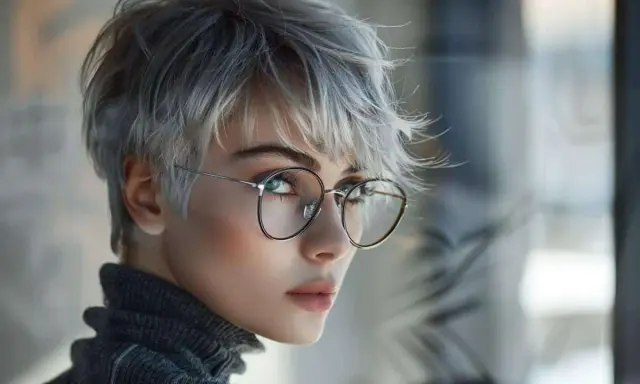 Une femme aux cheveux courts et gris porte des lunettes, son regard intense captivant.