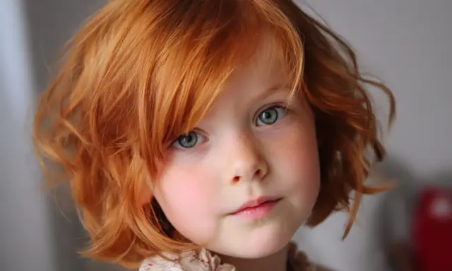 Adorable fillette aux cheveux roux et bouclés, avec une coupe carré. Ses yeux bleus pétillent de malice.