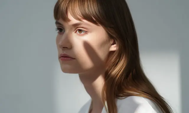 Une jeune femme aux cheveux châtains, une ombre sur le visage, parfaite pour apprendre comment coiffer une frange sur le côté.