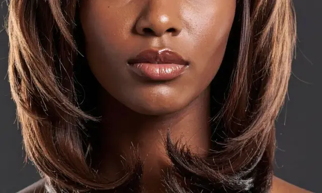 Bouche pulpeuse et brillants, encadrée par un dégradé cheveux long brun, aux reflets chauds.