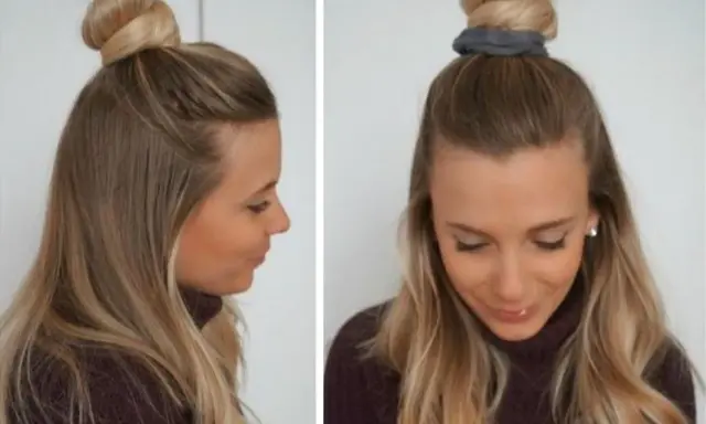 Coiffure simple et rapide cheveux mi long : un chignon haut sur le dessus de la tête, avec le reste des cheveux lâchés.