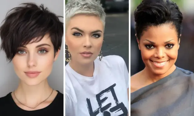 Trois femmes arborent une coupe carré court stylée : une brune aux yeux verts, une blonde platine audacieuse, et une femme souriante à la coiffure volumineuse.