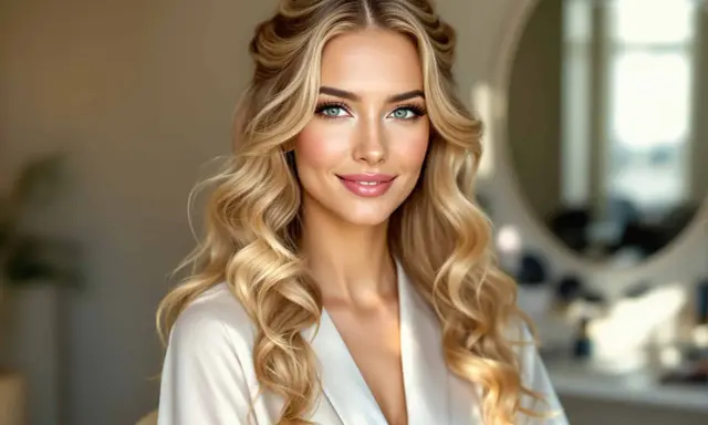 Une femme aux cheveux blonds ondulés, coiffés en boucle anglaise, porte une robe de chambre en satin blanc. Son regard est captivant.