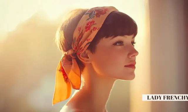 Coiffure hippie femme cheveux court, ornée d'un foulard fleuri. Lumière douce et dorée.