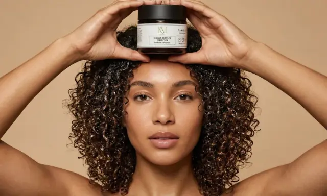 Une femme aux cheveux bouclés tient un pot de masque perfecteur de boucles au beurre de karité au-dessus de sa tête.