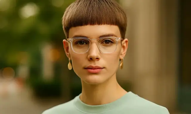 Une jeune femme au regard intense porte une coupe au bol cheveux bouclés, des lunettes transparentes et des boucles d'oreilles dorées.