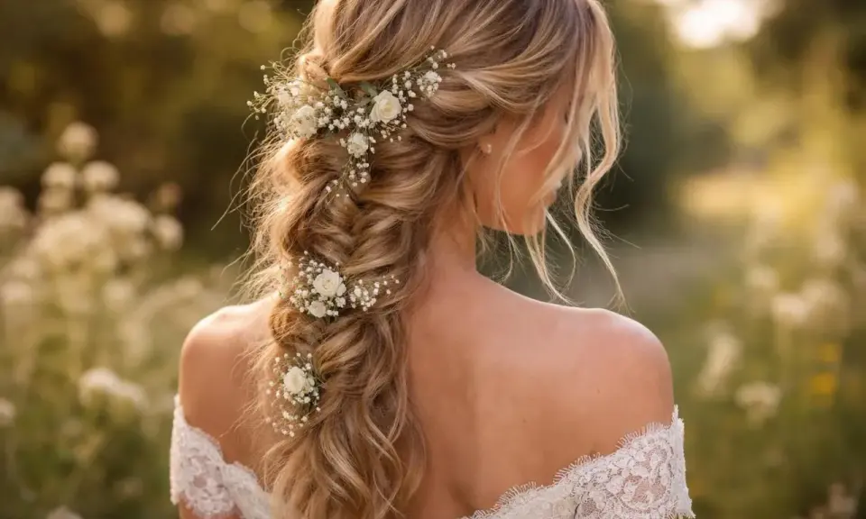 Coiffure bohème chic avec tresse ornée de petites fleurs blanches. Une mariée rayonnante dans un décor champêtre.