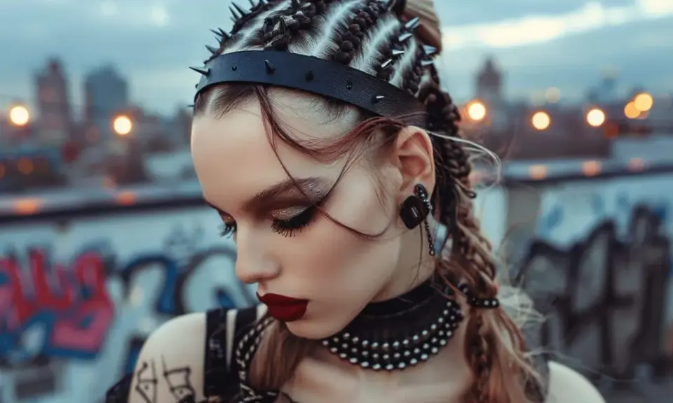 Coiffure rock femme facile : tresses audacieuses ornées de clous, maquillage intense et choker. Une allure rebelle capturée sur fond urbain.