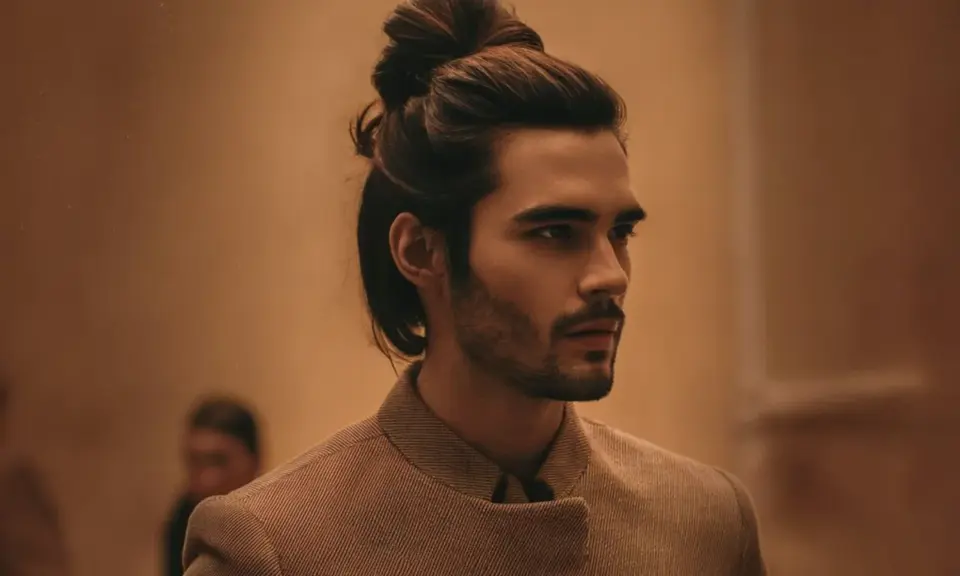 Un homme au man bun élégant, portant une veste texturée, pose avec assurance.