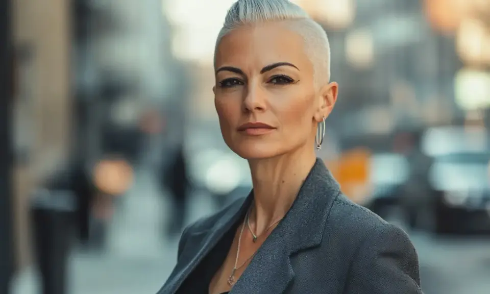 Femme au regard intense, arborant une coiffure rock femme court audacieuse et un blazer gris.