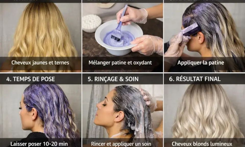 Étapes pour une patine parfaite : avant, préparation, application, temps de pose, rinçage et résultat final. Obtenez des cheveux blonds lumineux.